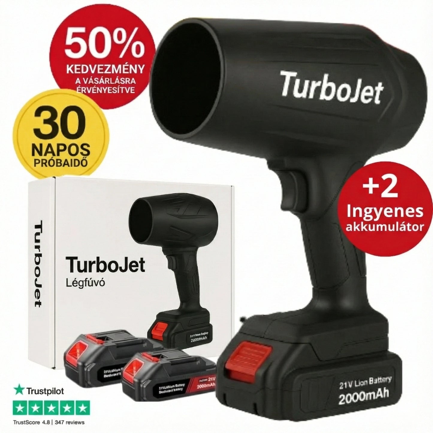 TurboJet™ – Tisztítsa meg a kertet percek alatt, sepregetés és hajolgatás nélkül. 2 db INGYENES akkumulátort tartalmaz