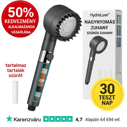 Hydroluxe Premium™ Zuhanyfej – Eltávolítja a klórt és a vízkövet a zuhanyodból. Növeli a víznyomást, miközben vizet takarít meg minden használatkor. 2 extra szűrőt tartalmaz.