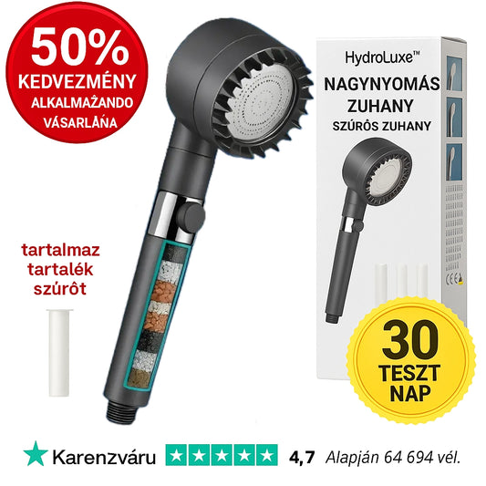 Hydroluxe Premium™ Zuhanyfej – Eltávolítja a klórt és a vízkövet a zuhanyodból. Növeli a víznyomást, miközben vizet takarít meg minden használatkor. 2 extra szűrőt tartalmaz.