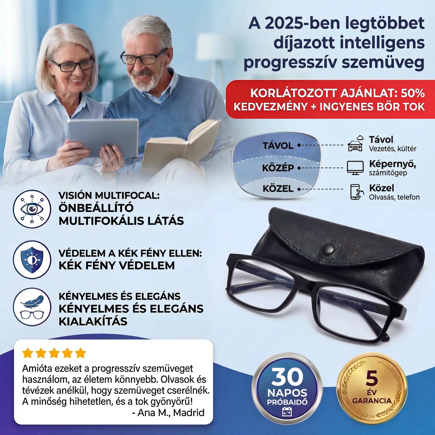 (Új és továbbfejlesztett 2026-os verzió, ellenállóbb) Intelligens Progresszív Blu Szemüveg™ – Közeli, köztes és távoli látás egyetlen szemüvegben (Nem igényel dioptriát, bőrtokot tartalmaz, és 30 NAPOS GARANTÁLT PRÓBA)