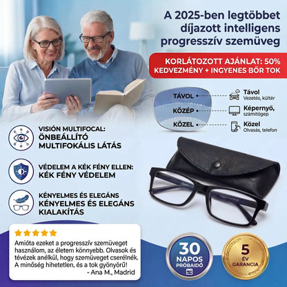 (Új és továbbfejlesztett 2026-os verzió, ellenállóbb) Intelligens Progresszív Blu Szemüveg™ – Közeli, köztes és távoli látás egyetlen szemüvegben (Nem igényel dioptriát, bőrtokot tartalmaz, és 30 NAPOS GARANTÁLT PRÓBA)