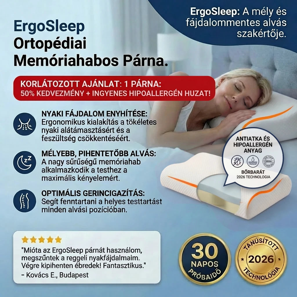 Ergosleep™ - Az egyetlen U alakú párna, amely 100%-ban megszünteti a nyakfájást, vagy visszafizetjük a pénzét (INGYENES hipoallergén atkavédő huzattal).