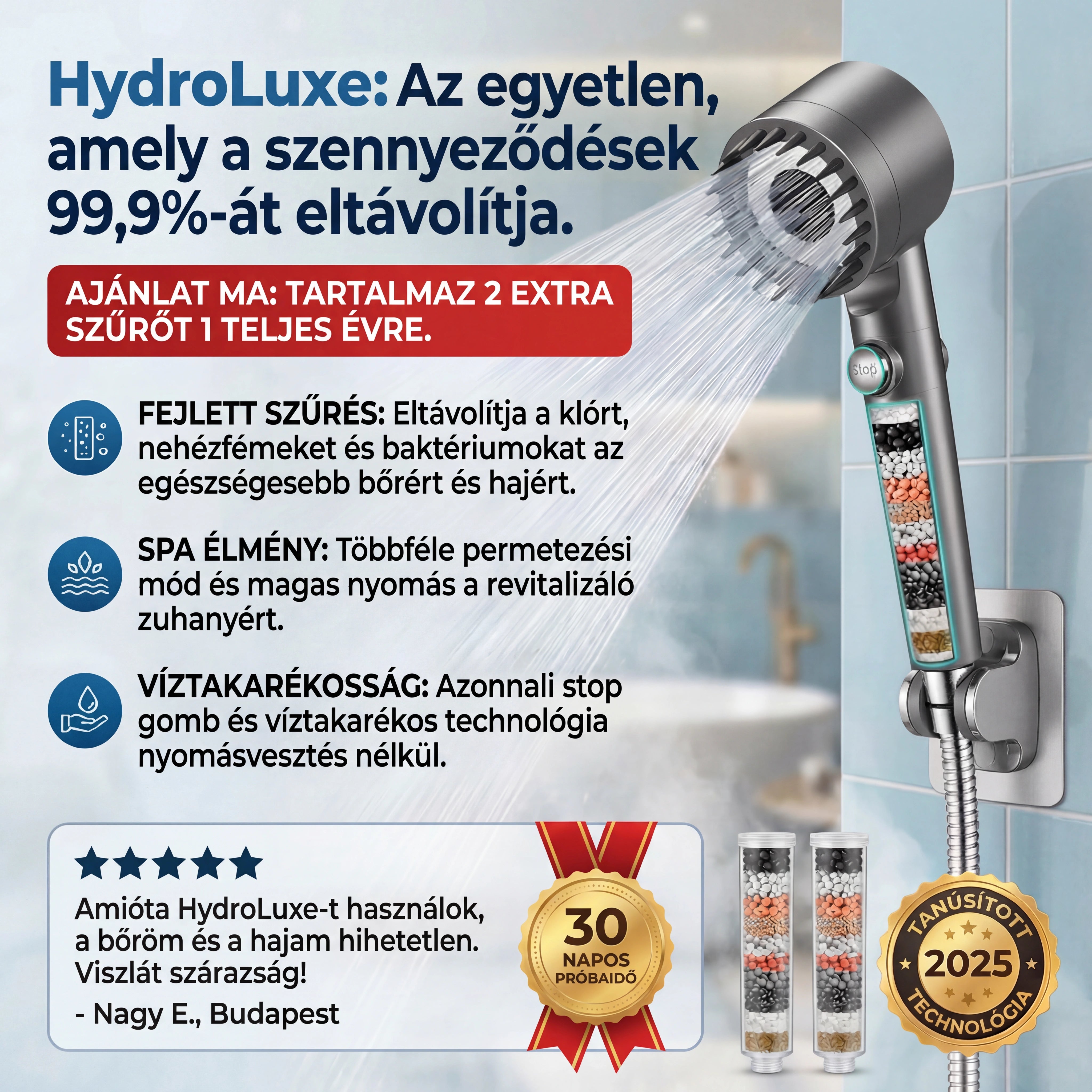 HYDROLUXE Eredeti™ - Eltávolítja a klórt és a vízkövet a zuhanyból. Növeli a víznyomást, így minden használattal vizet takarít meg. (*2 további szűrőt tartalmaz INGYENESEN ma, egy teljes évre) Könnyű és univerzális telepítés