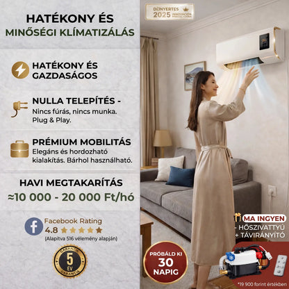 AirmAX AC PRO™ – Az innovatív, alacsony fogyasztású légkondicionáló, amely felújítás és bonyolult telepítés nélkül működik. (Ma AJÁNDÉKBA adjuk a KETTŐS HIDEG–MELEG szivattyút, a távirányítóval és az időzítővel együtt.) 5 év garancia.