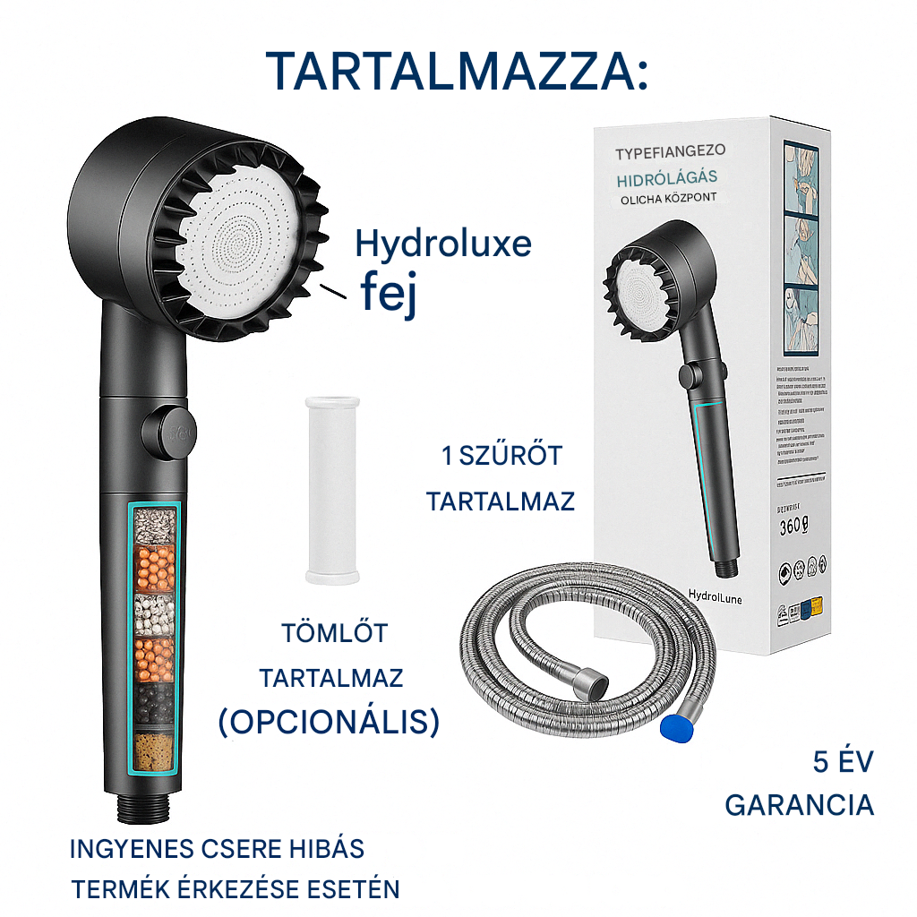 Hydroluxe Premium™ Zuhanyfej – Eltávolítja a klórt és a vízkövet a zuhanyodból. Növeli a víznyomást, miközben vizet takarít meg minden használatkor. 2 extra szűrőt tartalmaz.
