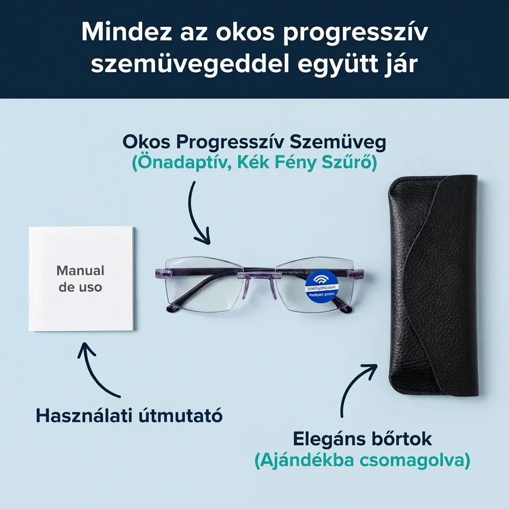 (Új és továbbfejlesztett 2026-os verzió, ellenállóbb) Intelligens Progresszív Blu Szemüveg™ – Közeli, köztes és távoli látás egyetlen szemüvegben (Nem igényel dioptriát, bőrtokot tartalmaz, és 30 NAPOS GARANTÁLT PRÓBA)