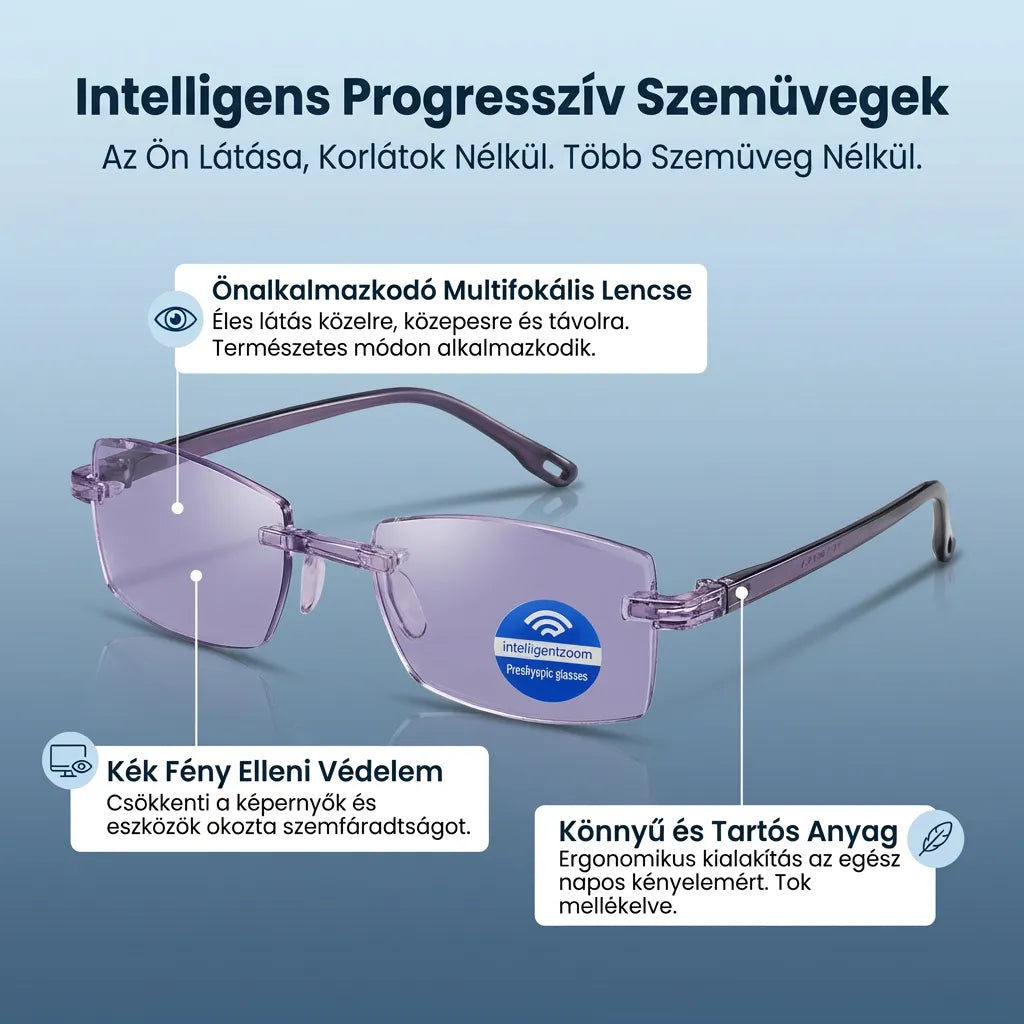(Új és továbbfejlesztett 2026-os verzió, ellenállóbb) Intelligens Progresszív Blu Szemüveg™ – Közeli, köztes és távoli látás egyetlen szemüvegben (Nem igényel dioptriát, bőrtokot tartalmaz, és 30 NAPOS GARANTÁLT PRÓBA)