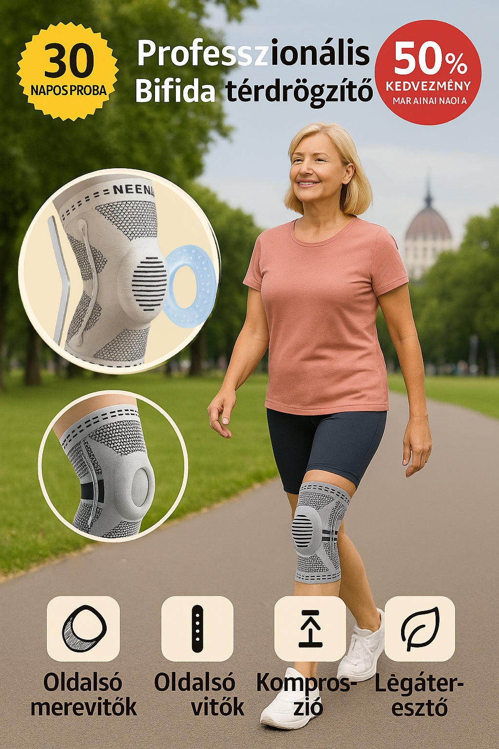 KneePro 3D™ – Biztonságos és stabil térdvédő minden lépésnél, intelligens kompresszióval (Tartalmaz gélpárnákat + oldalsó stabilizátorokat + univerzális méretre igazítható)